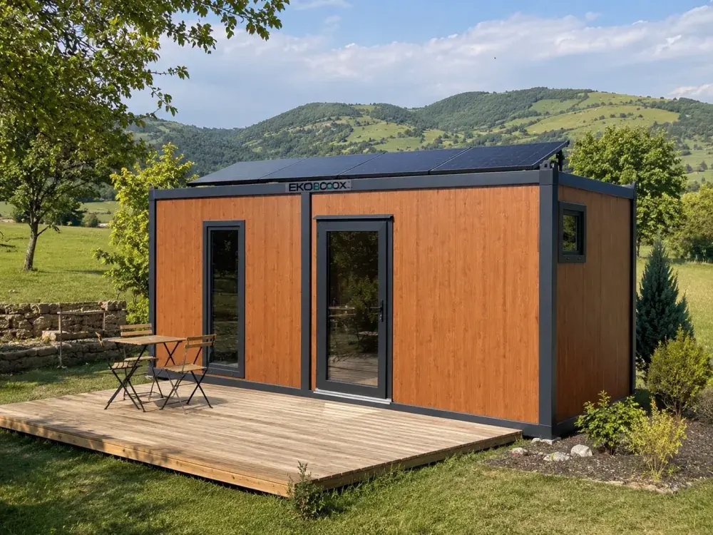 Container abitativo con pannelli solari e terrazza in legno