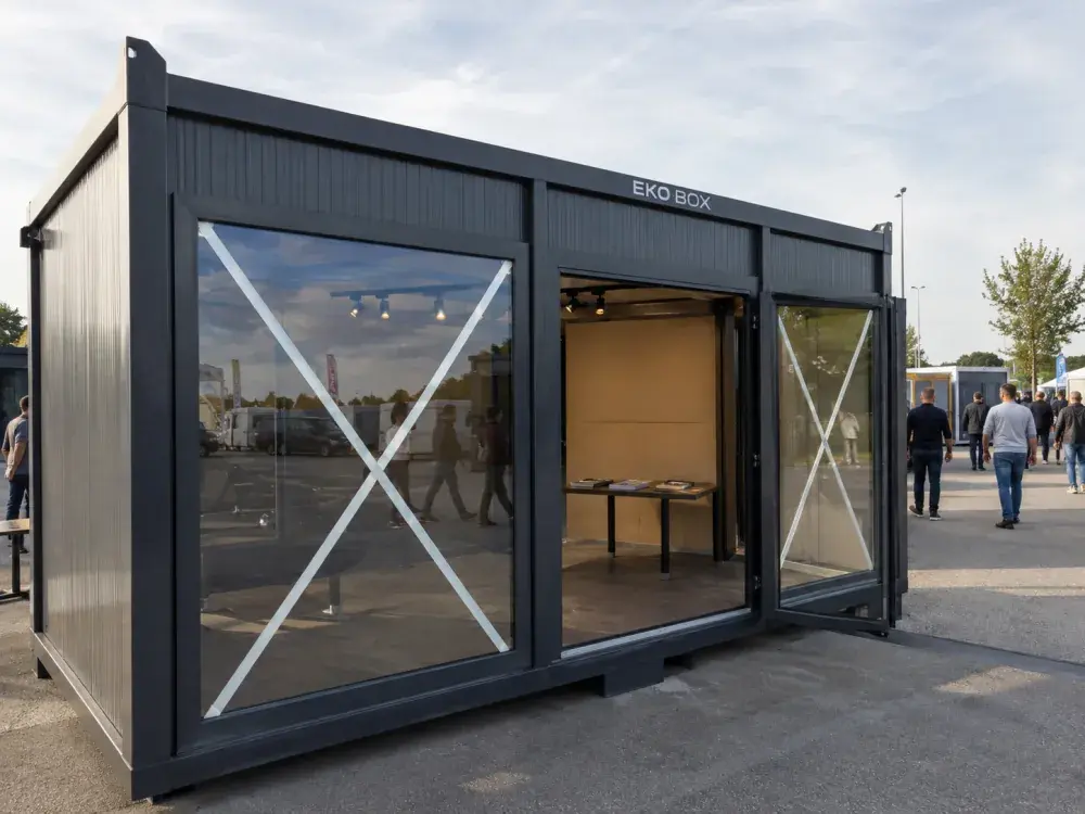 Container espositivo con fronte vetrato in fiera