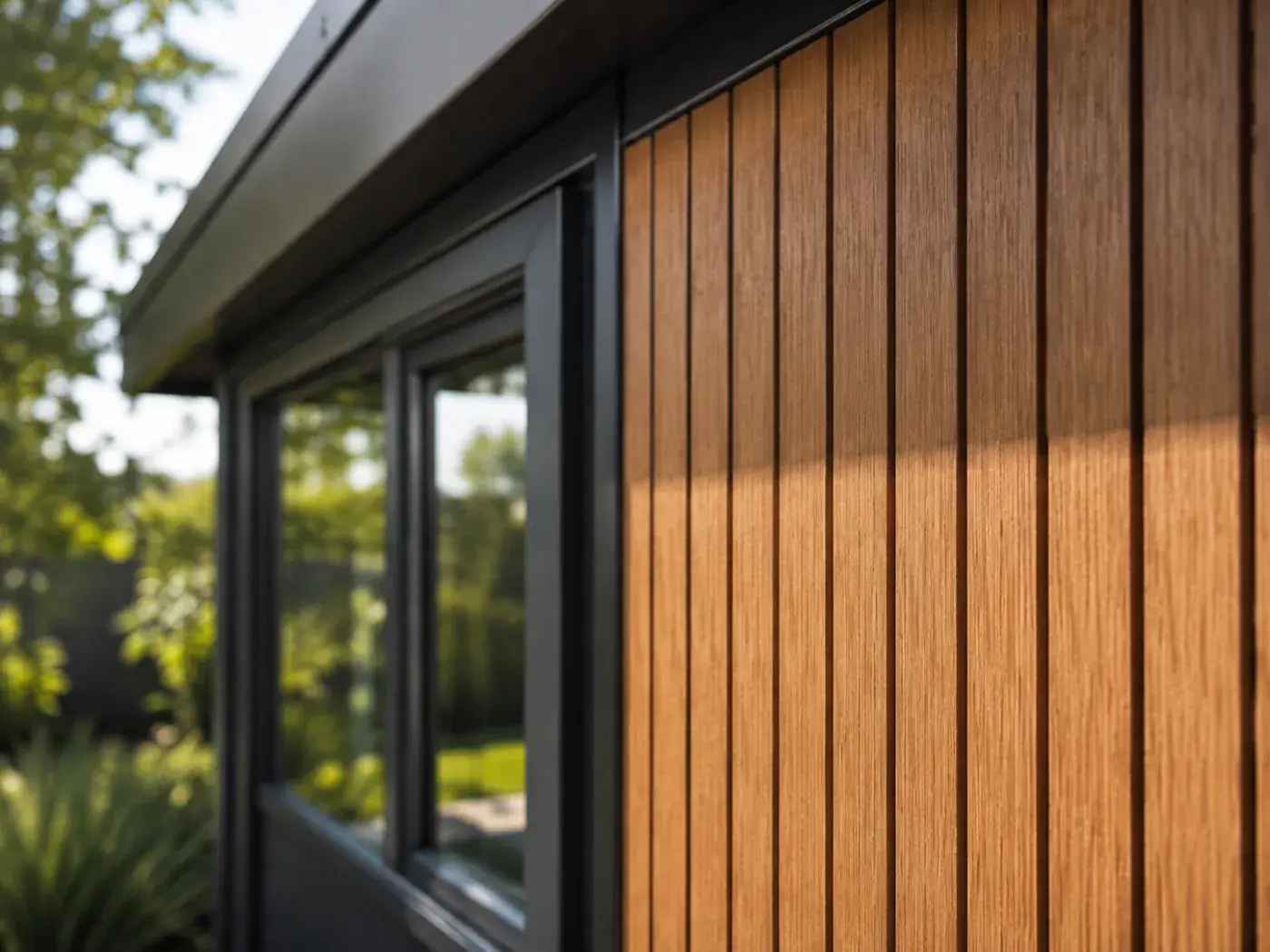 Dettaglio del rivestimento in WPC decoro legno accanto al serramento scuro del modulo