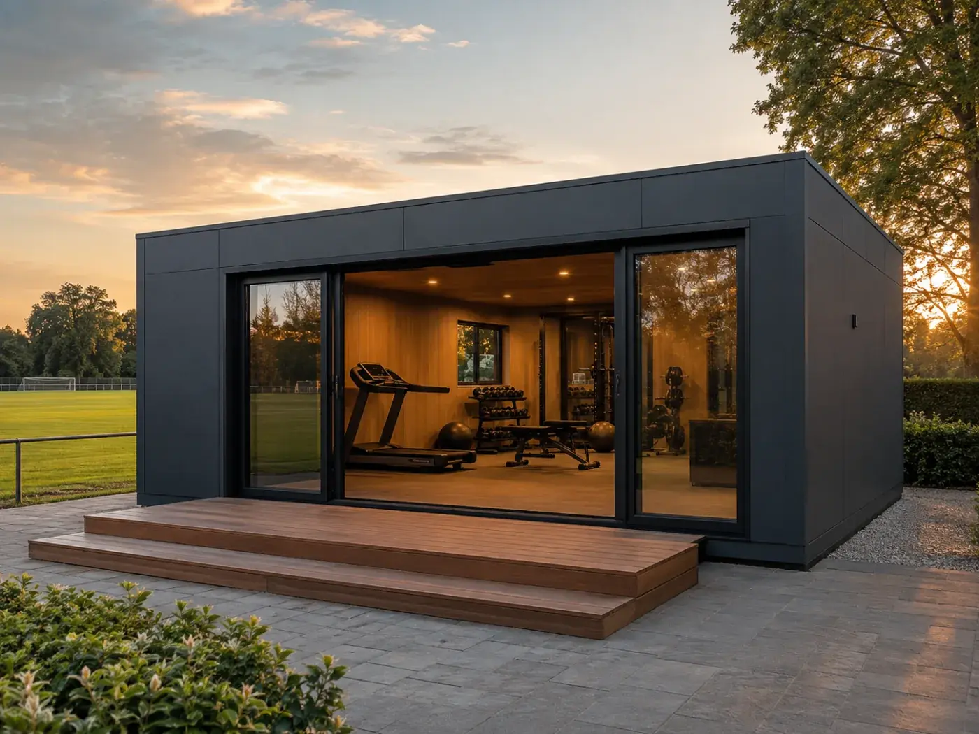 Container fitness posato accanto a un edificio