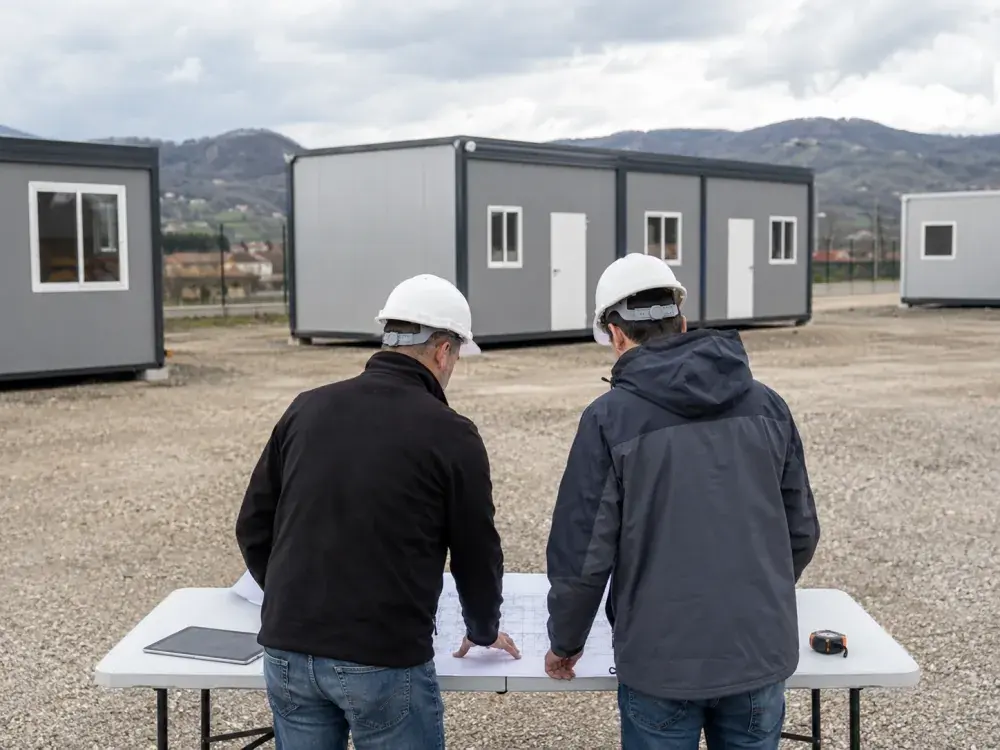 Sopralluogo con i disegni tecnici del container sul terreno
