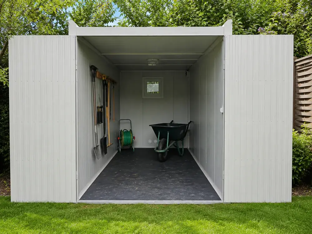 Container da giardino con attrezzi e carriola