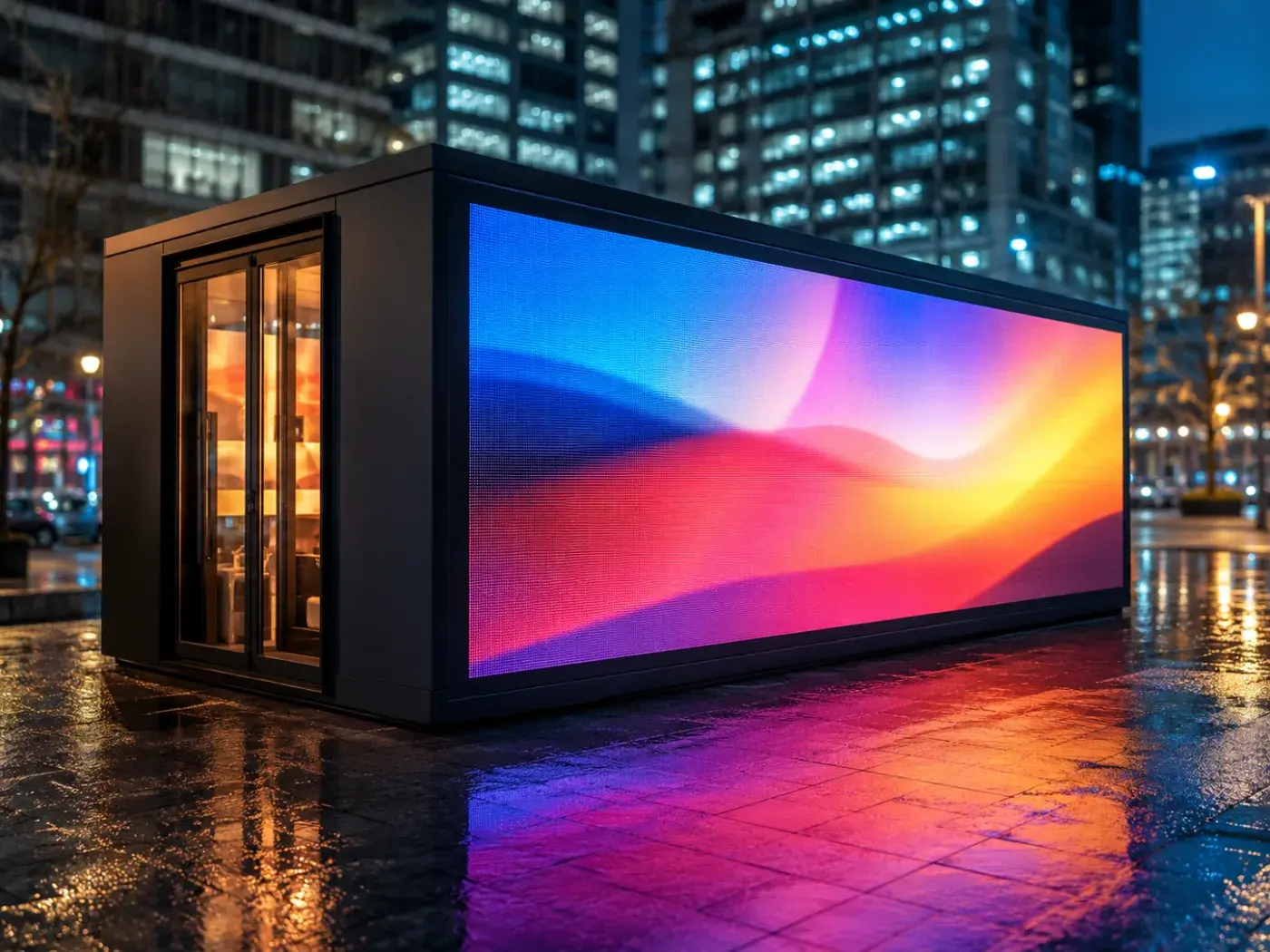 Schermo LED di un container acceso di notte