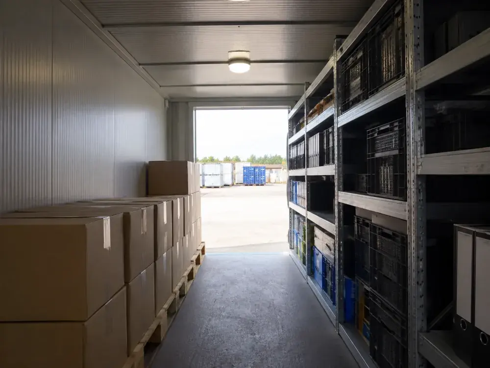 Zona magazzino con scaffalature in un container