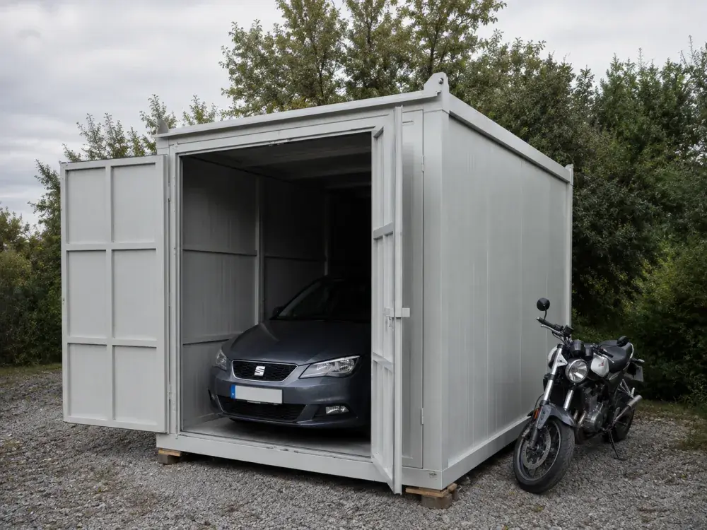 Container garage con portone aperto e auto parcheggiata