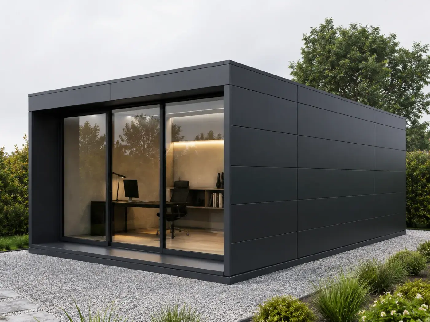 Modulo con facciata piana in alluminio antracite e parete vetrata