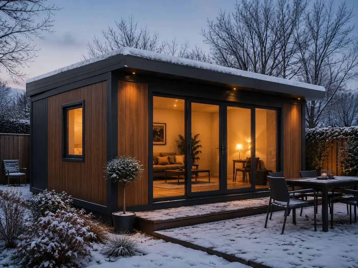 Modulo isolato d'inverno, con luce calda dall'interno e neve sulla copertura