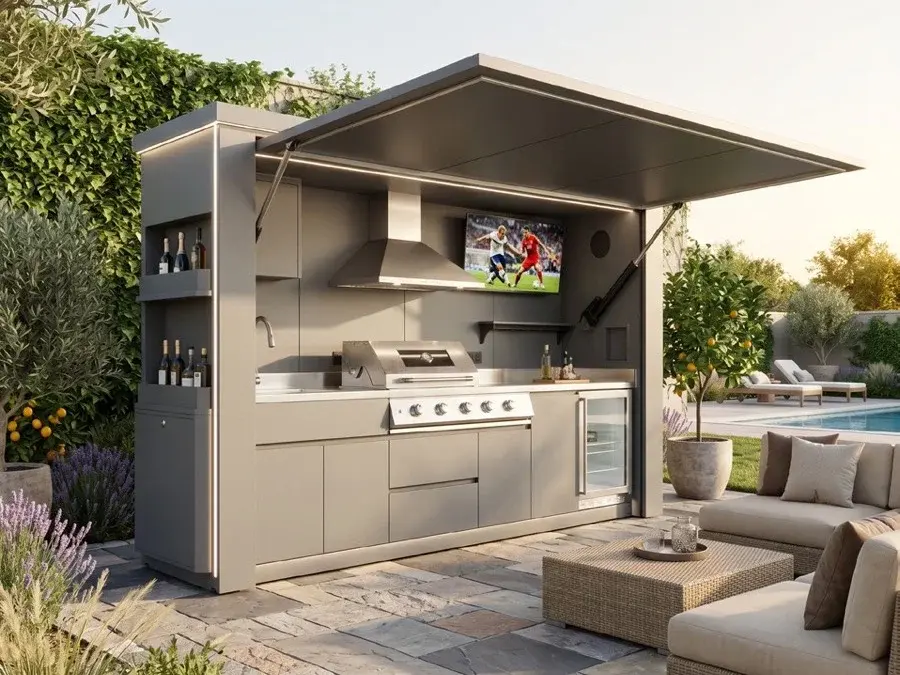 Cucina da esterno EKO BOX aperta in giardino, con barbecue e TV