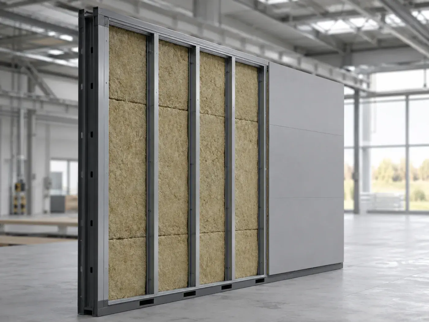 Pannello di parete del modulo in lavorazione con uno spesso strato di lana minerale