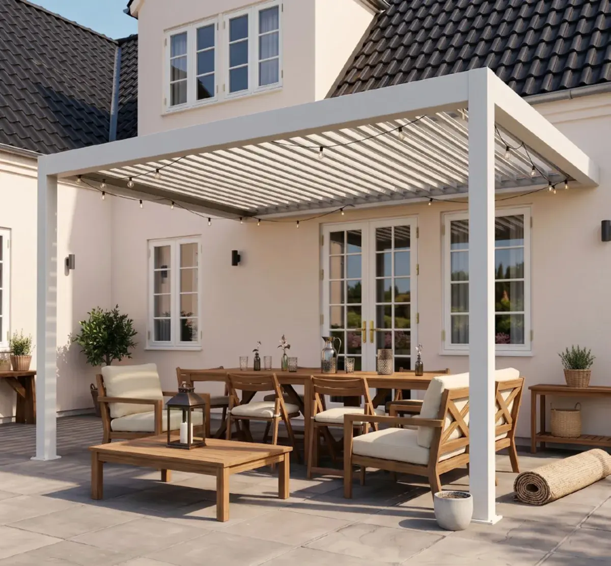 Pergola bianca a lamelle sopra un tavolo e un salotto da esterno