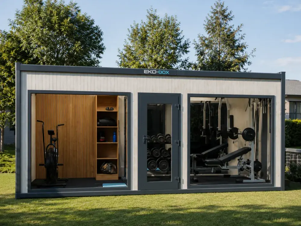 Container fitness attrezzato con pesi e panca