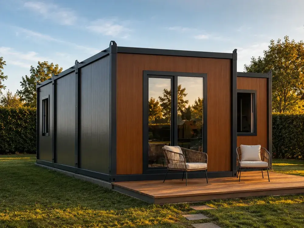 Tiny house container con rivestimento in legno e terrazza